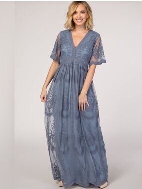 Teal  Lace Cottagecore Dress V Neck Dress